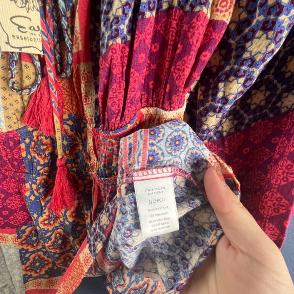 Easel Multicolor Boho Blouse Peasant Top long sleeve small NWT - Picture 4 of 5
